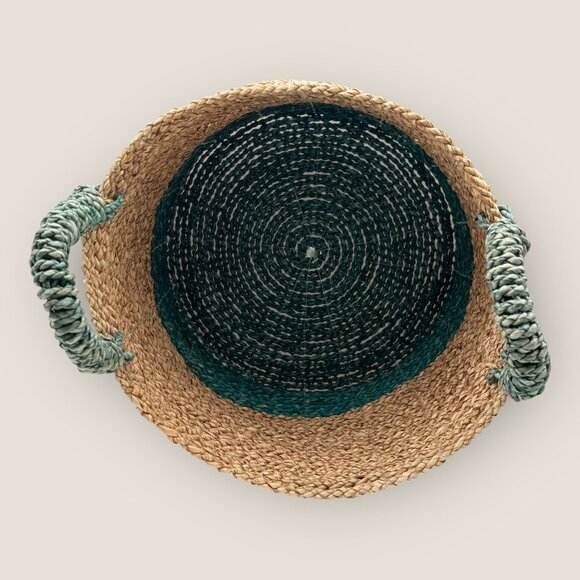 Woven Seagrass 10 in Basket With Handles Natural and Teal Two-Tone Boho Design - Picture 5 of 6